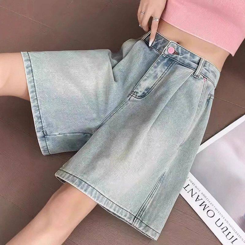 复古辣妹阔腿牛仔裤女2025年夏季新款高腰显瘦小个子五分直筒中裤