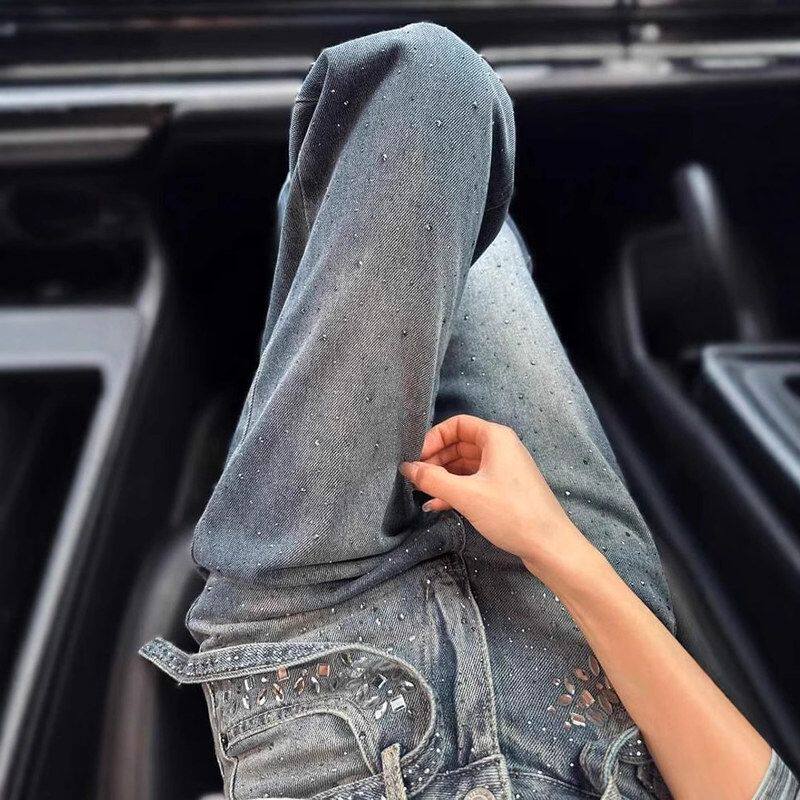 Buling烫钻阔腿牛仔裤女2025夏季薄款小个子显瘦设计感宽松直筒裤