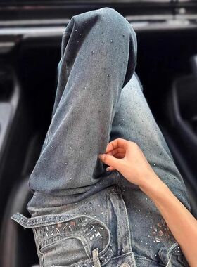 Buling烫钻阔腿牛仔裤女2025夏季薄款小个子显瘦设计感宽松直筒裤