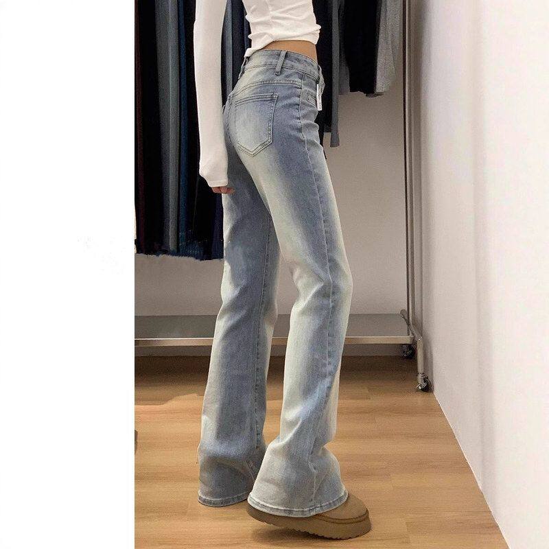 美式复古浅色微喇牛仔裤女2025春季新款小个子高腰弹力喇叭马蹄裤