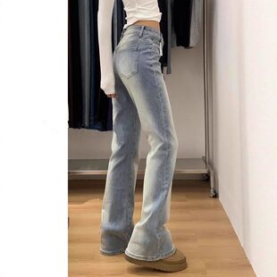 美式复古浅色微喇牛仔裤女2025春季新款小个子高腰弹力喇叭马蹄裤