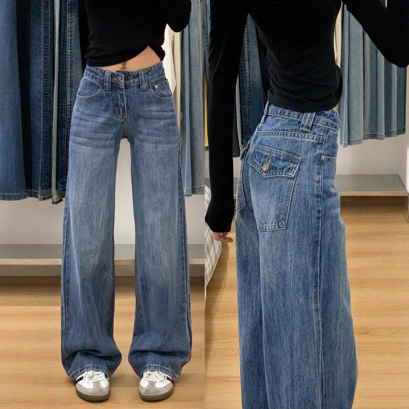 美式复古做旧窄版直筒牛仔裤女小个子高腰宽松显瘦阔腿裤拖地长裤