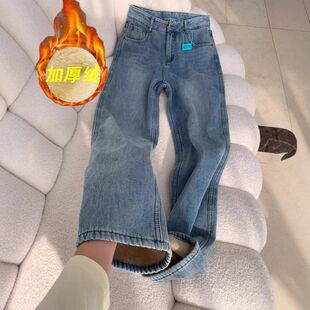 加绒加厚宽松直筒牛仔裤女秋冬季新款复古水洗高腰显瘦窄版阔腿裤