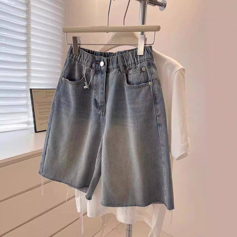 大码毛边五分牛仔裤女2025夏季新款胖mm高腰宽松显瘦直筒阔腿中裤