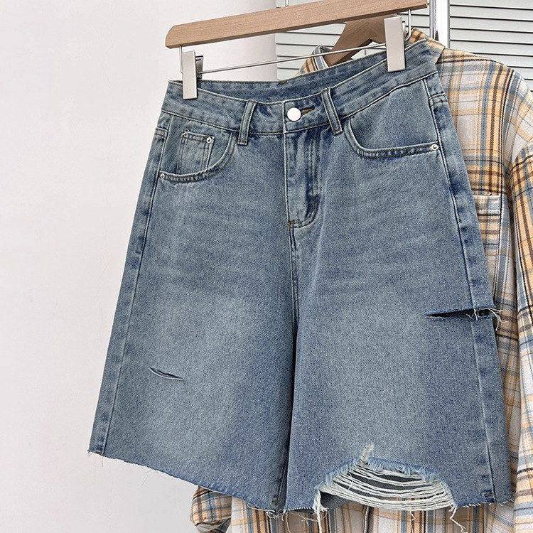 破洞牛仔短裤女夏季薄款胖妹妹mm高腰宽松显瘦直筒阔腿五分中裤潮