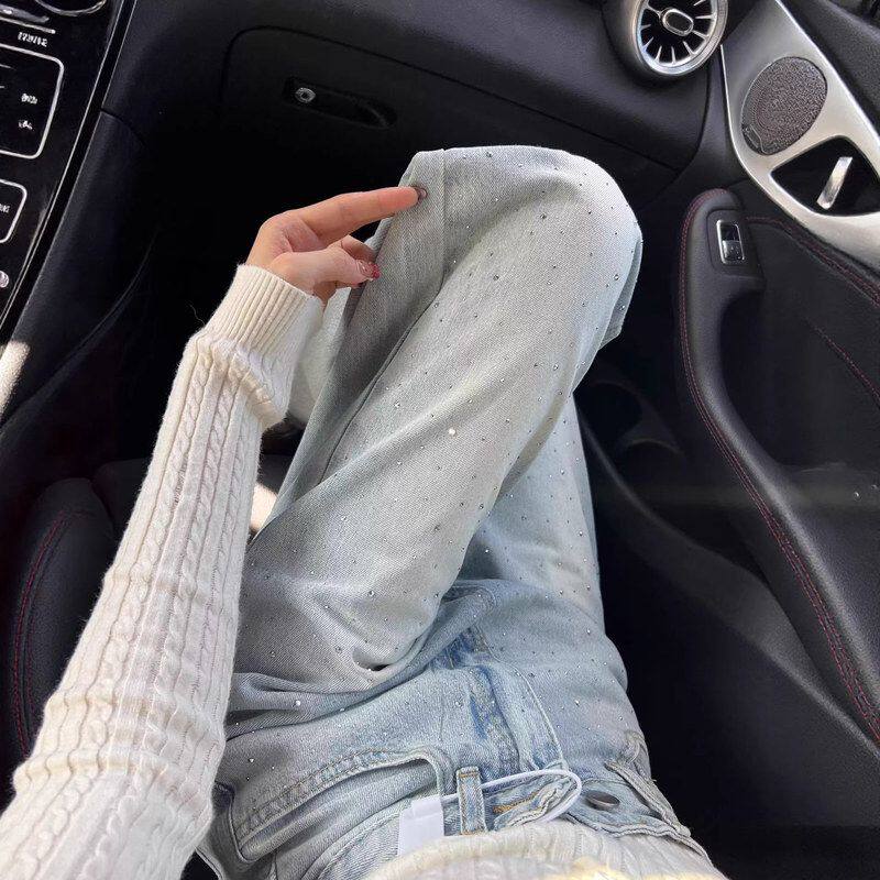 浅蓝色直筒满天星烫钻牛仔裤女新款2026春季小个子高腰显瘦窄版裤