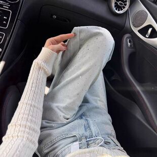 浅蓝色直筒满天星烫钻牛仔裤女新款2026春季小个子高腰显瘦窄版裤