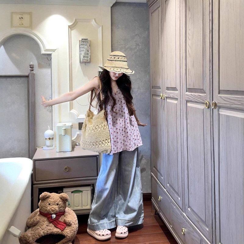 浅蓝色阔腿牛仔裤女夏季爆款胖mm高腰宽松显瘦遮肉通勤拖地长裤子