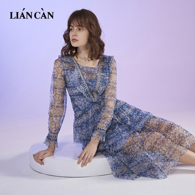 莲灿折扣店新商场同款波西米亚荷叶边蕾丝长袖连衣裙吊带两件