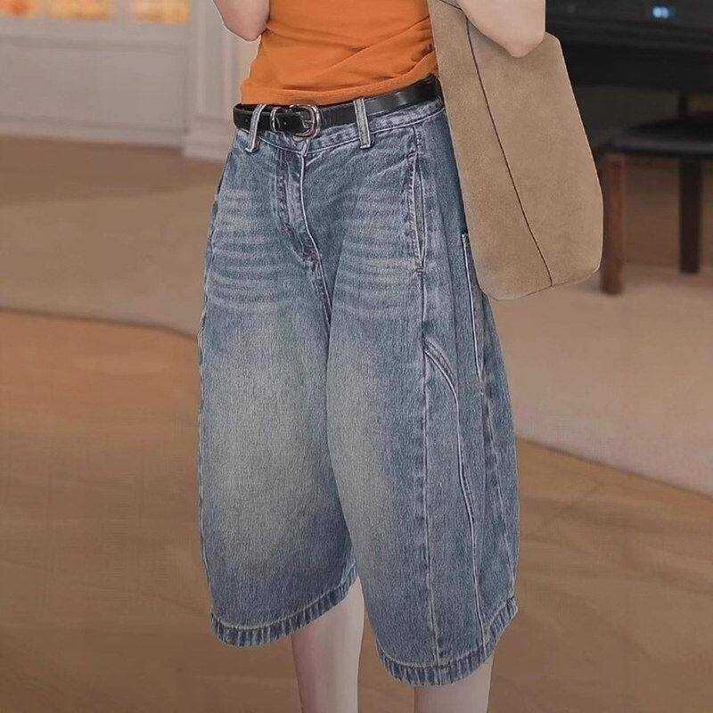 欧货水洗牛仔短裤女夏季薄款大码梨形身材宽松显瘦a字阔腿五分裤