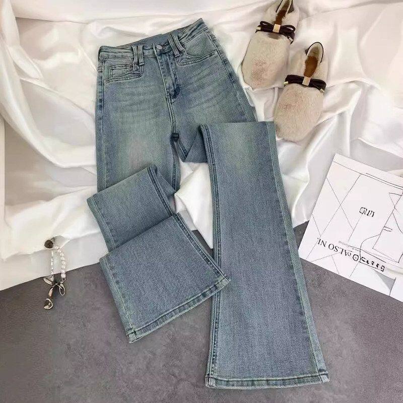 复古高腰显瘦微喇叭牛仔裤女新款修身弹力马蹄裤子小众长裤女纽扣