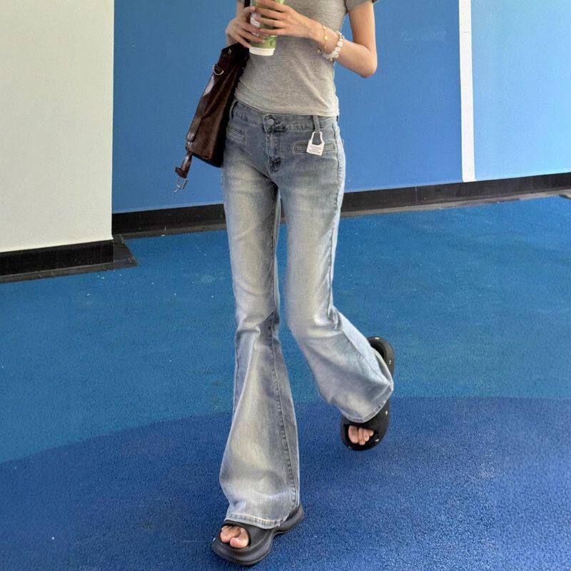 水洗磨白微喇叭牛仔裤女夏季新款美式复古高腰紧身显瘦直筒马蹄裤