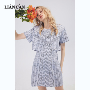 莲灿2025新款 灰蓝显白 春夏休闲减龄原创设计连衣裙女圆领宽松修身