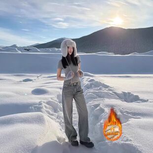 美式复古重工双面烫钻直筒牛仔裤女冬季爆款加绒高腰显瘦阔腿长裤