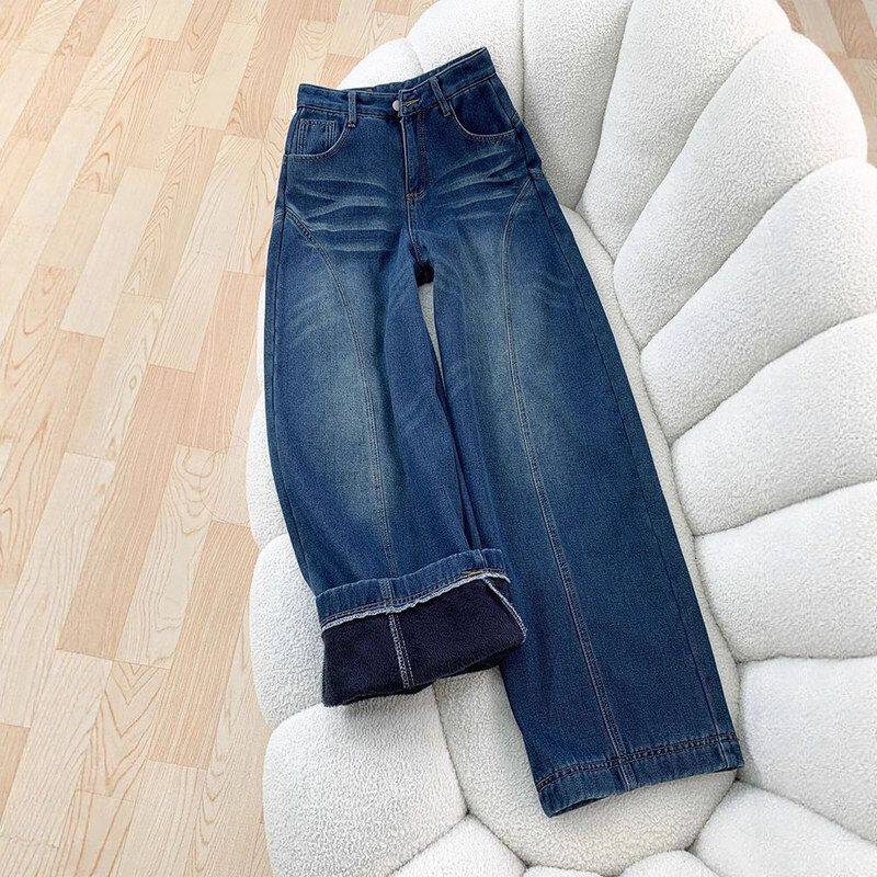 美式复古加绒弯刀阔腿牛仔裤女水洗新款设计感高腰宽松直筒拖地裤