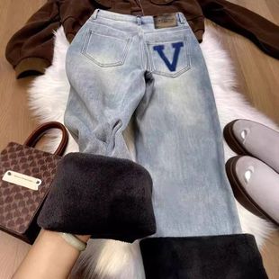 加绒加厚浅色窄版阔腿牛仔裤女冬季新款撞色高腰宽松显瘦直筒长裤