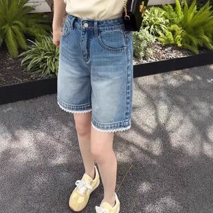子 女宽松显瘦休闲a字阔腿中裤 夏季 蕾丝花边高腰五分直筒牛仔短裤