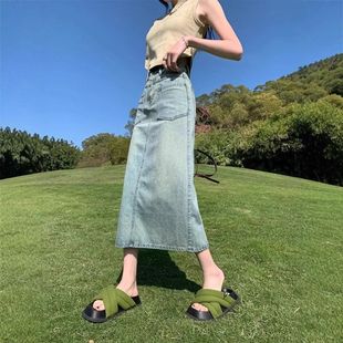显瘦后开叉中长a字包臀裙 高腰修身 复古浅色牛仔半身裙女夏季 新款