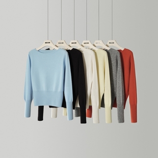 显瘦一字领单股薄款 康赛妮短款 纯色收腰长袖 时尚 100纯羊绒套头衫