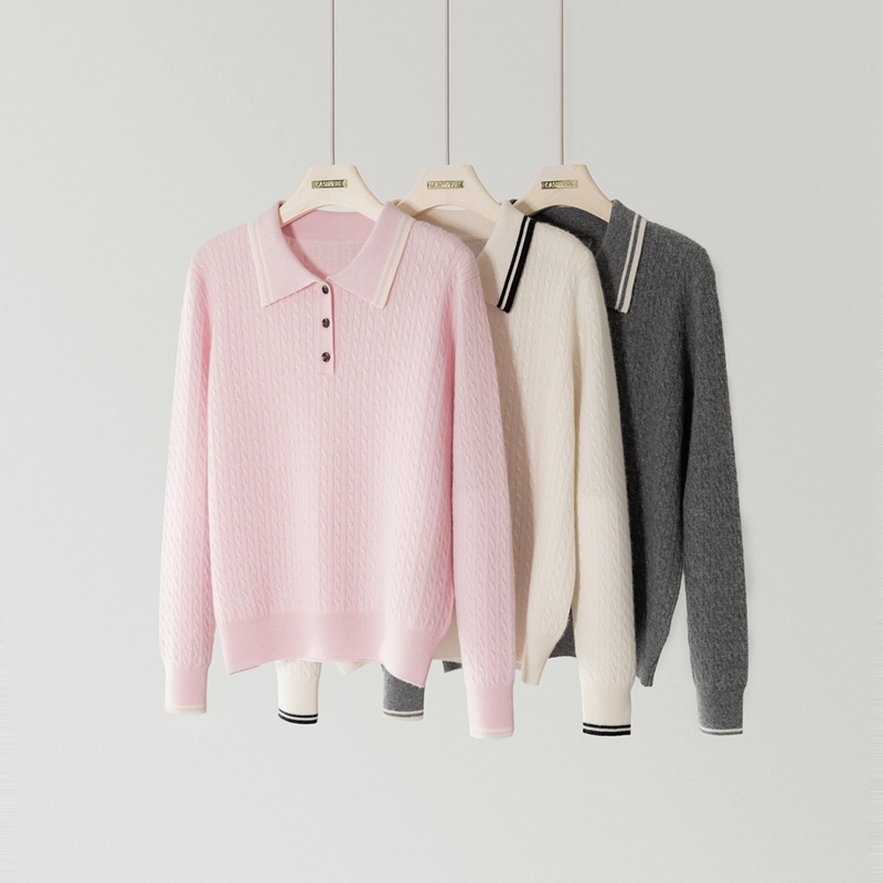 康赛妮Polo领100纯羊绒女长袖麻花针织套头衫通勤纯色简约长袖