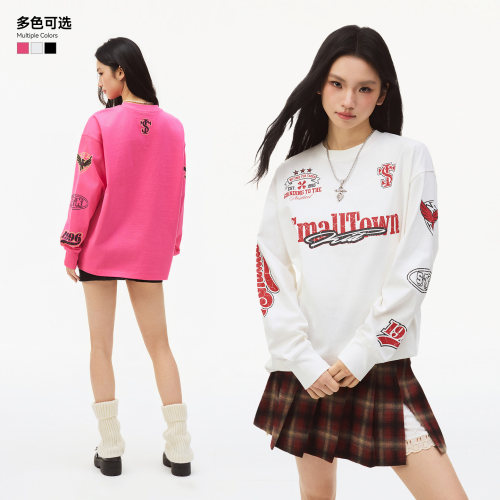 STK SmallTownKid 美式龟裂印花长袖T恤复古字母男女街头宽松圆领