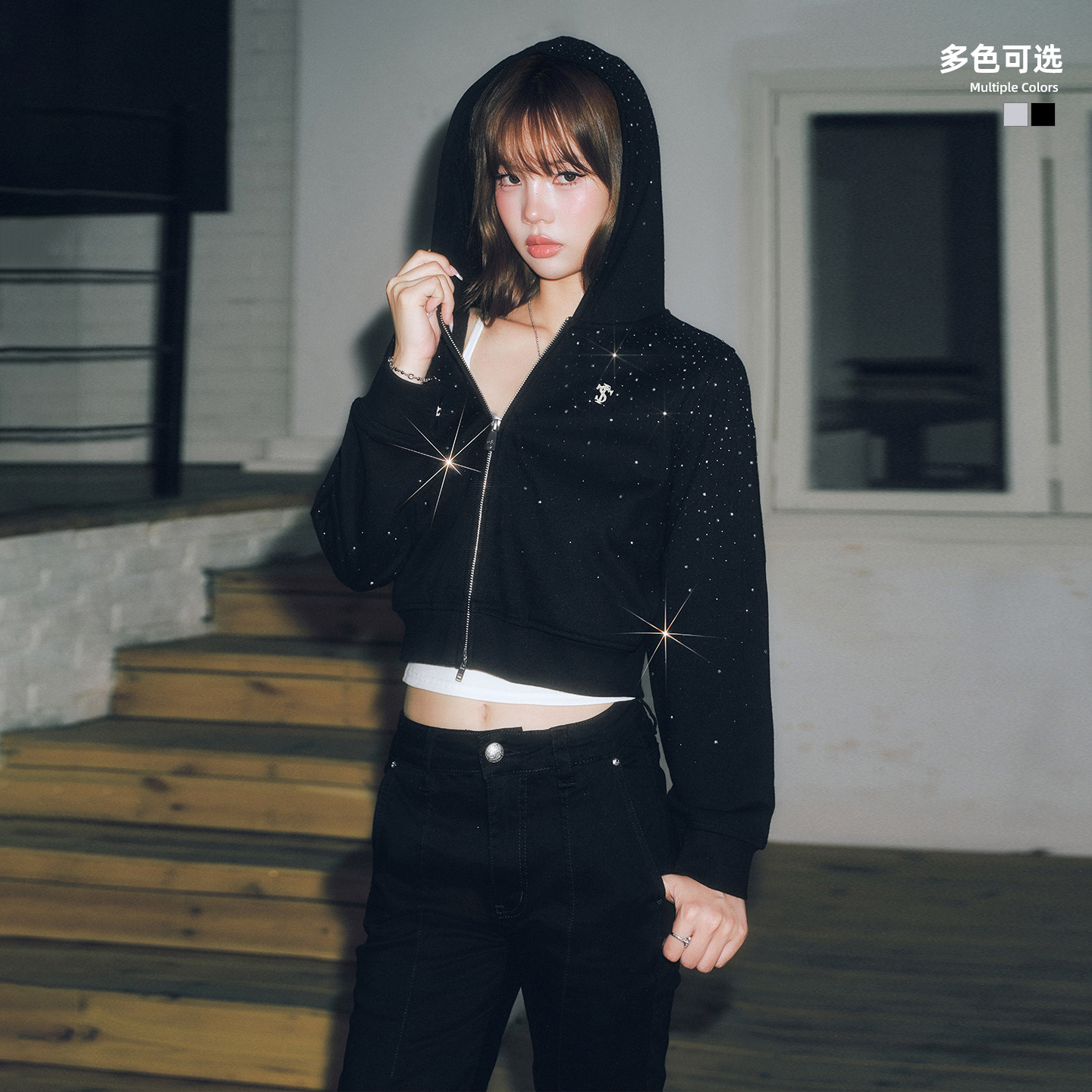 STK SmallTownKid 满天星烫钻开衫卫衣连帽拉链女短款休闲外套潮