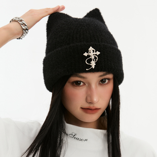 STK SmallTownKid 仿貂毛猫耳朵冷帽子趣味休闲街头国潮牌针织帽