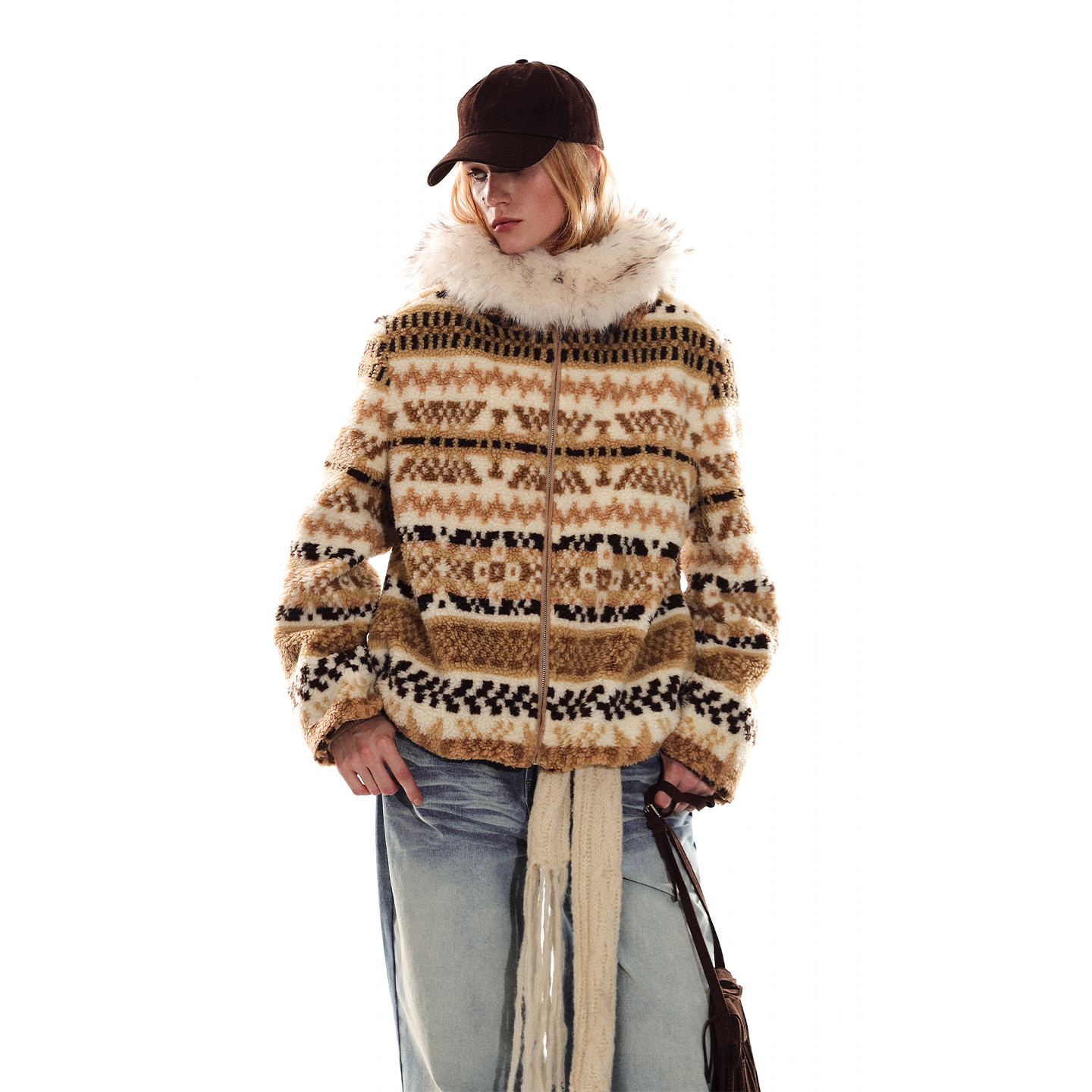 ADORE YOU 复古西部大毛领费尔岛羊羔毛连帽宽松拉链加厚外套女