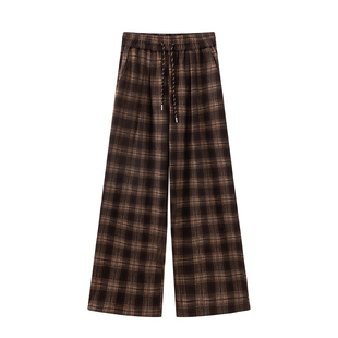 2025新款韩版宽松显瘦百搭格子阔腿裤女高腰加绒垂感直筒休闲裤