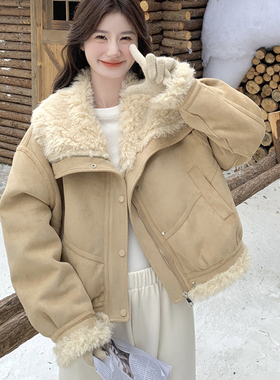 韩系时尚百搭大毛领皮毛一体短外套女保暖夹克