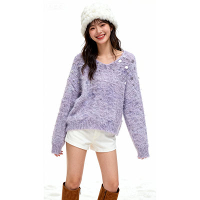 V领重工钉珠亮片宽松毛衣女