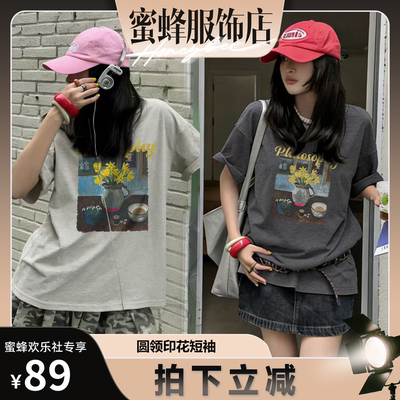 韩版复古油画印花短袖T恤女宽松圆领艺术感上衣