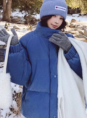 2025新款灯芯绒蓝色棉服女短款立领学院风加厚保暖外套