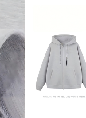 休闲运动风连帽卫衣女灰色拉链开衫宽松百搭外套