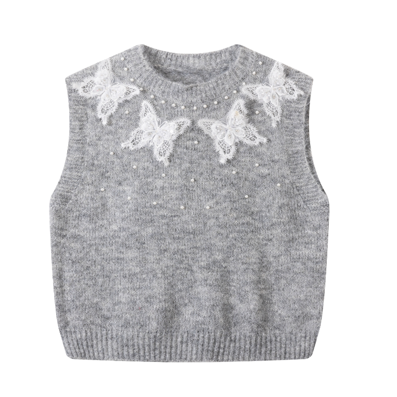 甜美风重工蕾丝钉珠蝴蝶结无袖针织马甲女灰色高级感背心
