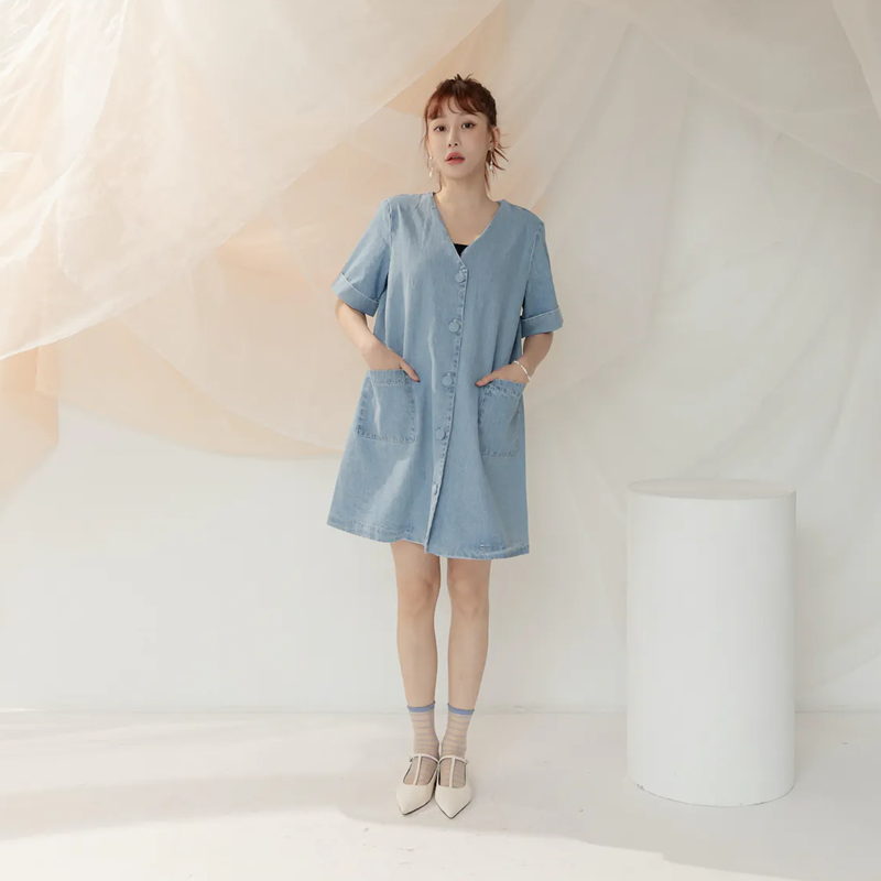 TXGN 甜系连衣裙2025新款领纯色中长裙韩版短袖牛仔裙女夏季