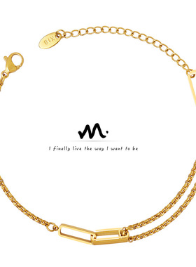 ins圣诞节几何镂空长方形双层链条手链女钛钢镀18K金手饰 E179