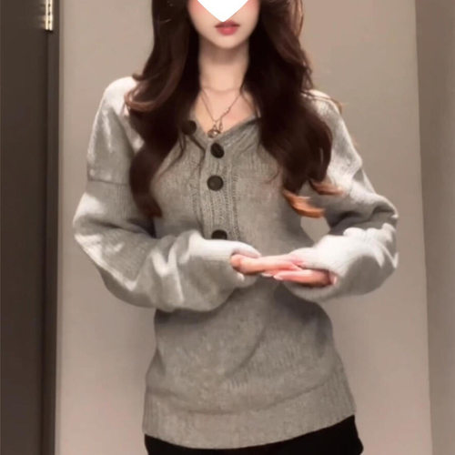 美式灰色亨利领长袖针织衫毛衣女秋冬修身显瘦辣妹内搭打底衫上衣
