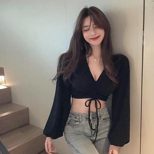 辣妹V领抽绳百搭秋冬T恤女高腰露脐jazz爵士跳舞短款 舞蹈上衣 长袖