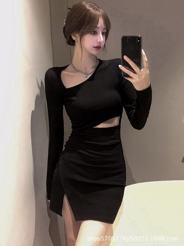 秋季2022年新款短裙黑色包臀裙子设计感小心机辣妹长袖连衣裙女装