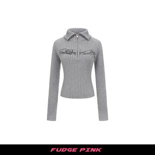 New美式 25秋季 复古辣妹字母刺绣翻领套头毛衣 Pink Fudge