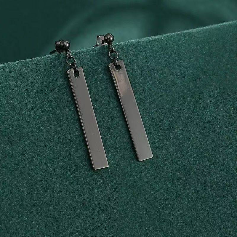 黑色长款耳夹耳饰 长方形吊牌耳环 耳钉长条简约中性耳坠