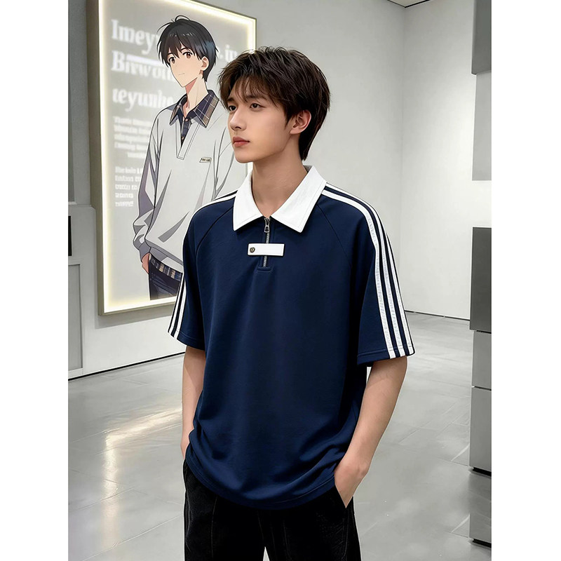 新款夏季新款时尚美式拼接三条杠短袖T恤男生翻领polo衫半袖上衣