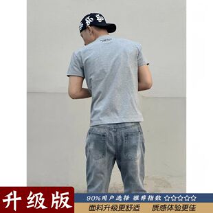 男款 肩宽索罗娜t恤收口三分袖 夏季 修身 美式 灰色字母刺绣正肩短袖