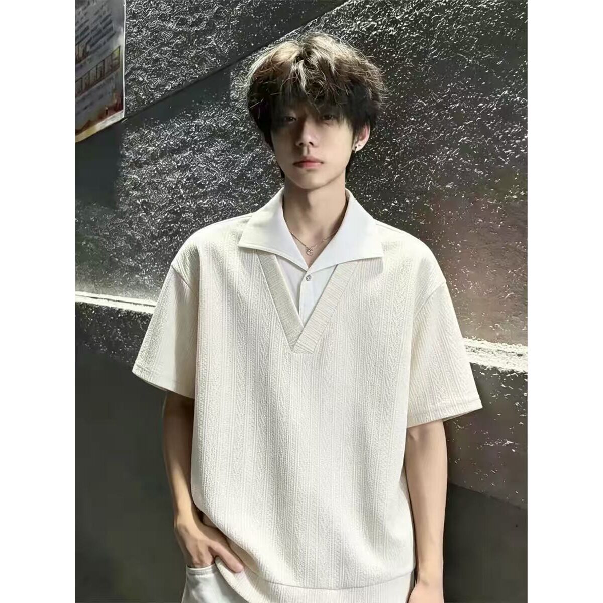 假两件拼接麦穗纹短袖POLO衫男