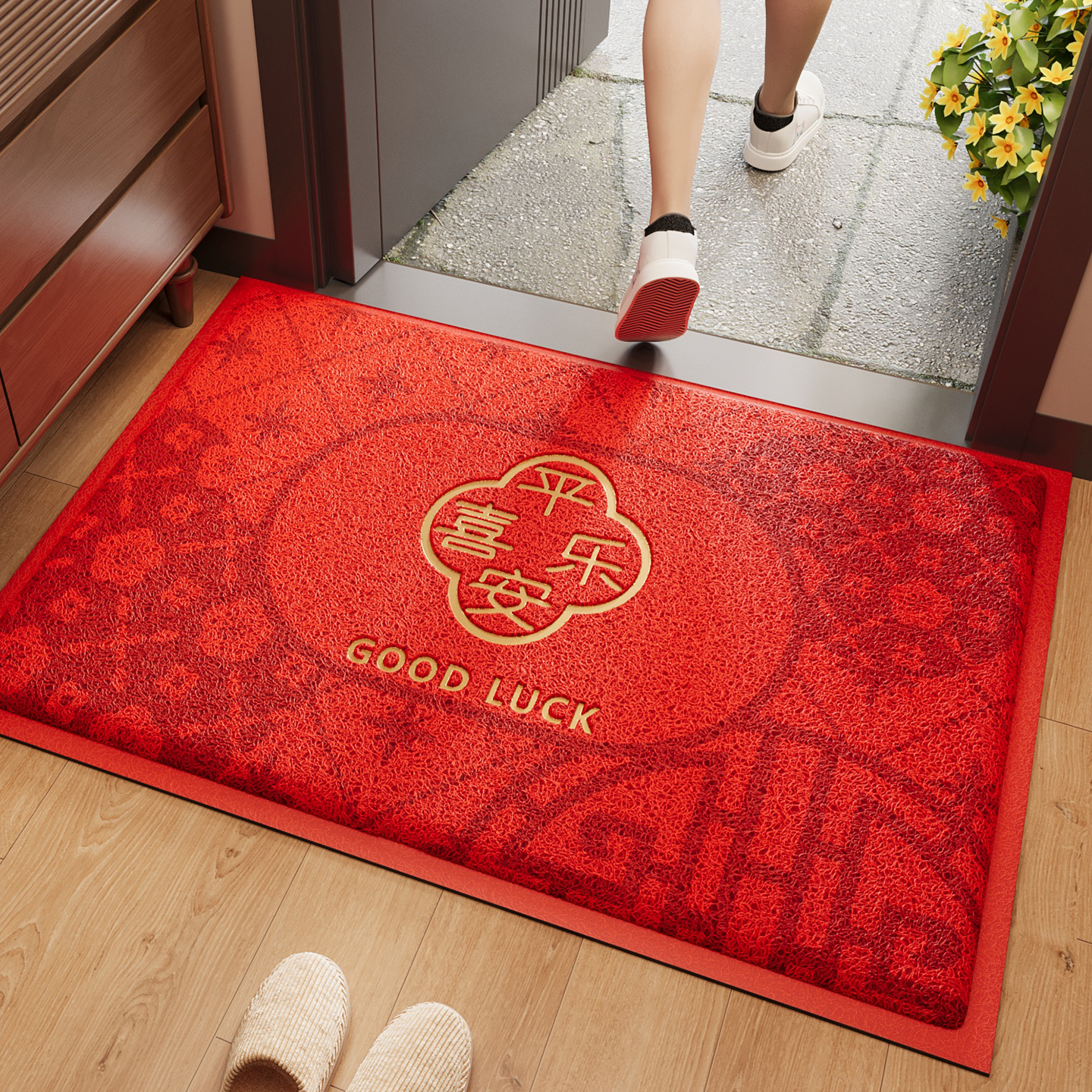 红色入户门地垫玄关大门口进门脚垫丝圈压花防滑除尘耐磨耐脏地毯