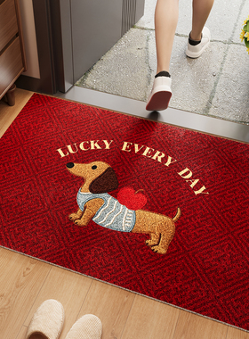 红色卡通丝圈新年地垫入户门垫2026新款防滑除尘可裁剪刮泥地毯