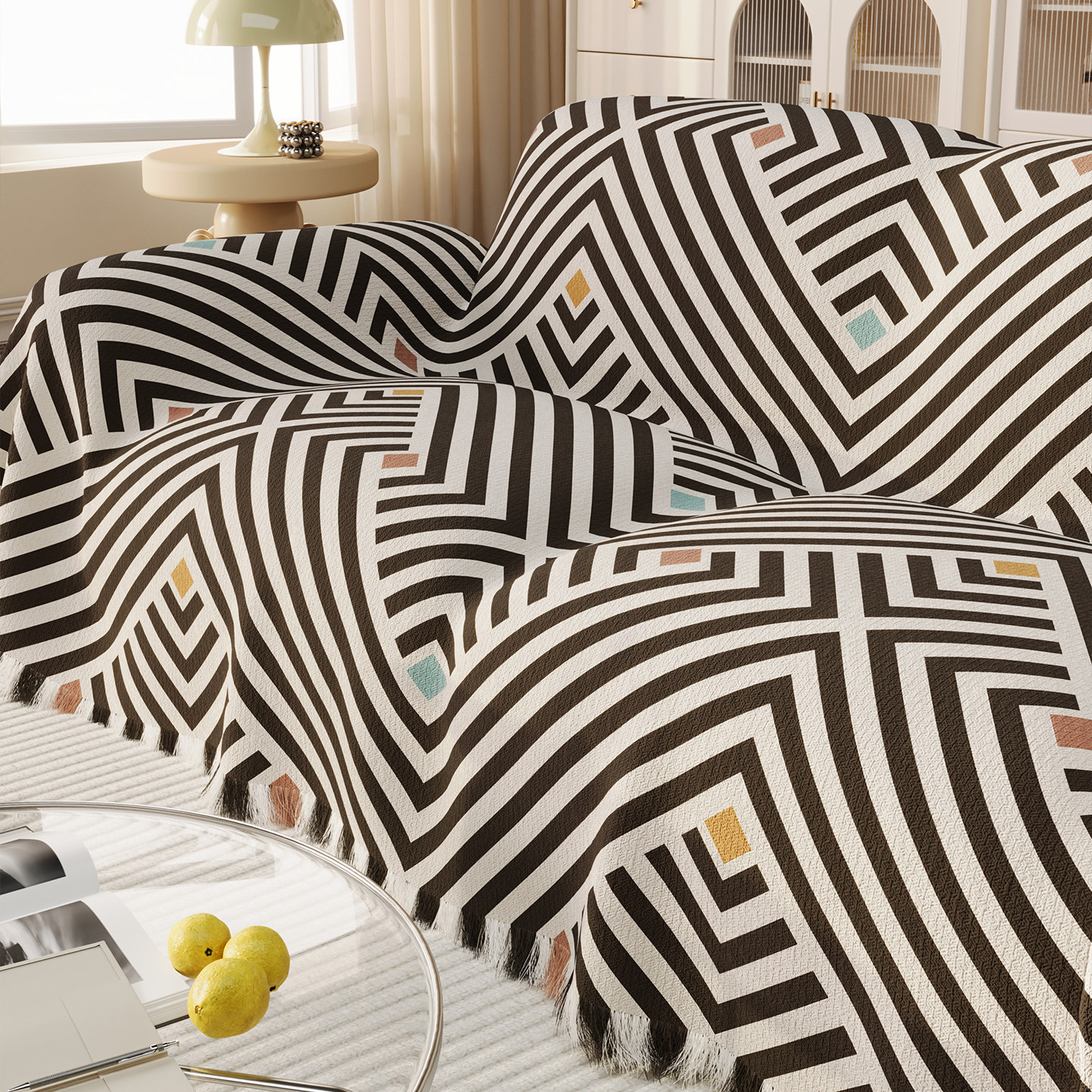 客厅沙发盖巾四季通用简约线条图案除尘防滑可手洗垫布一片式盖垫