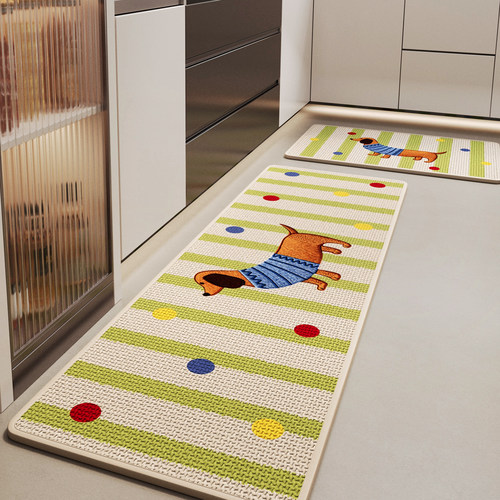 卡通腊肠狗厨房地垫仿编织亚麻吸水速干地毯家用耐磨耐脏专用脚垫