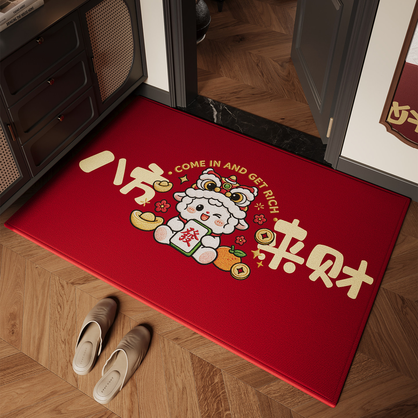 卡通红色入户门地垫新年防滑进门脚垫加厚耐磨玄关大门口地毯除尘